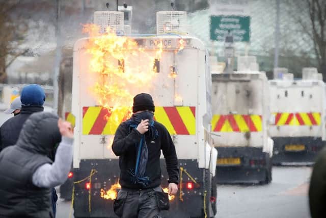 The PSNI were hit with petrol bombs and projectiles on Monday. 
Photo by Kelvin Boyes / Press Eye