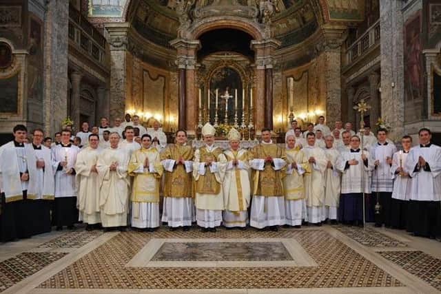 The new deacons with the ordaining Bishop Alan McGuckian SJ, Bishop Philip Boyce OCD, members of the formation staff of the Pontifical Irish College, Anthony's brother, Father Joseph Briody, and the acolytes who served the Mass of ordination.