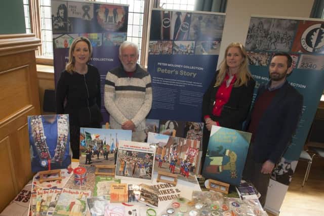 Peter Moloney pictured with the Derry City and Strabane District Council team. From left are Emma McGarrity, Learning & Engagement Officer, Michelle Murray, Visitor Services Manager, and John Kerr, Arts and Culture Manager.