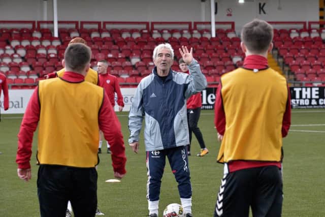 Raymond Domenech, the former manager of the French national team, coaches Derry City U-17 and U-19 players at the Brandywell earlier this week. DER1518GS018