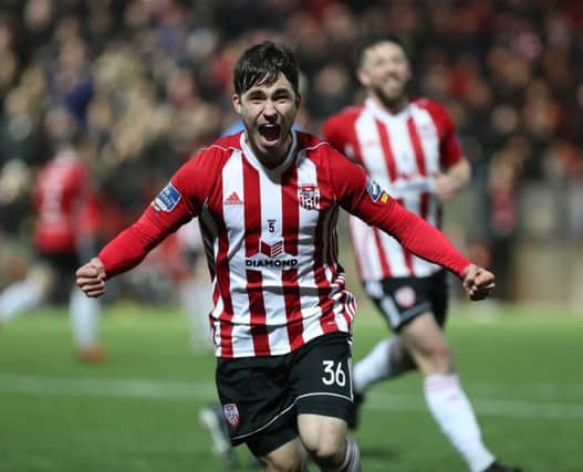 Derry City fullback, Jack Doyle celebrates his first goal for the club as his 53rd minute header clinched victory over Waterford at Brandywell.