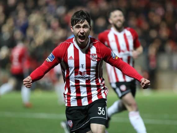 Derry City's Jack Doyle celebrates scoring against Waterford, on Friday night.