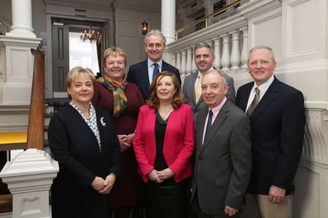 Pictured at the International Fund for Ireland Board Meeting in Londonderry-Derry are Board Members (back row) Siobhan Fitzpatrick, Paddy Harte Dr Adrian Johnston (Chairman of the Fund) and (front row) Hilary Singleton, Dorothy Clarke, Billy Gamble and Allen McAdam. (Photo Lorcan Doherty)