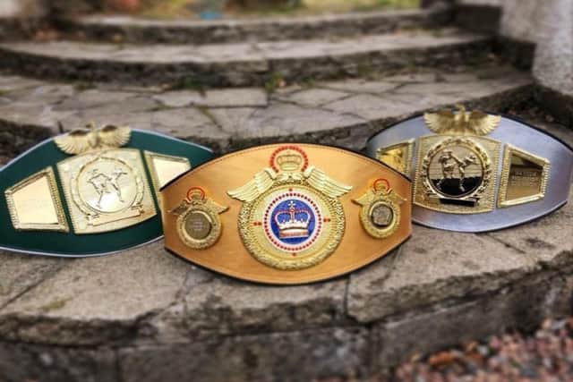 Some of the Mayhem Promotion belts at stake in the 'It's Showtime 7' event at the Everglades Hotel this weekend.