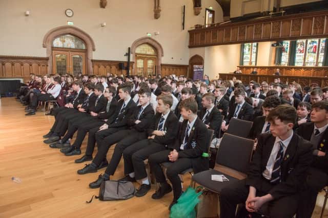 Students pictured during the Speeches, Strikes and Struggles,  Schools Cross-Community Civil Rights Conference for organised by Derry City and Strabane District Council in the Guildhall. Picture Martin McKeown. Inpresspics.com. 19.04.18