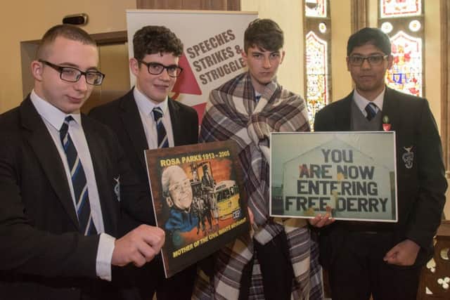 Domen Concannon, Jack Cregan, Jake Harkin and John Joseph from St. Columb's College pictured during the Speeches, Strikes and Struggles,  Schools Cross-Community Civil Rights Conference for organised by Derry City and Strabane District Council in the Guildhall. Picture Martin McKeown. Inpresspics.com. 19.04.18