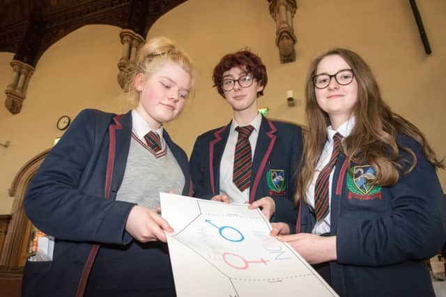Courtney Black, Hannah Orr, Rebecca Crocket from Oakgrove Integrated College pictured during the Speeches, Strikes and Struggles,  Schools Cross-Community Civil Rights Conference for organised by Derry City and Strabane District Council in the Guildhall. Picture Martin McKeown. Inpresspics.com. 19.04.18