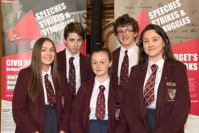 Roise Carlin, Mark McLaughlin, Annie Clarke, James Cochrane and Ellie Kennedy from Foyle College, pictured during the Speeches, Strikes and Struggles,  Schools Cross-Community Civil Rights Conference for organised by Derry City and Strabane District Council in the Guildhall. Picture Martin McKeown. Inpresspics.com. 19.04.18