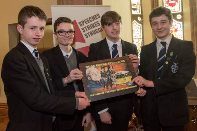 Ethan Doherty, Eoin Hughes, Declan McCauley and Niall McDaid pictured during the Speeches, Strikes and Struggles,  Schools Cross-Community Civil Rights Conference for organised by Derry City and Strabane District Council in the Guildhall. Picture Martin McKeown. Inpresspics.com. 19.04.18