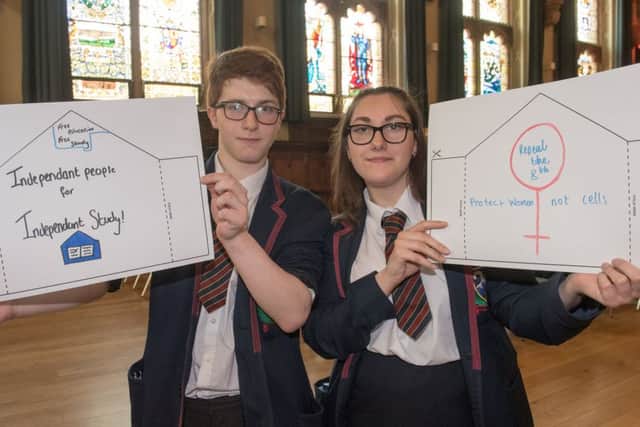 Sophia Thomasius, Darren Robinson, Hannah Wylie and Jasmine DEsmond from Foyle College, pictured during the Speeches, Strikes and Struggles,  Schools Cross-Community Civil Rights Conference for organised by Derry City and Strabane District Council in the Guildhall. Picture Martin McKeown. Inpresspics.com. 19.04.18