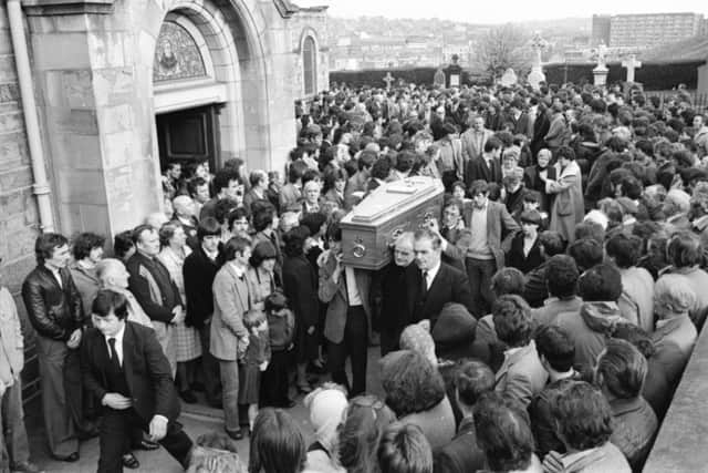 The funeral of Gary English in April 1981. Charles English, who was to die four years later, is pictured (front left) carrying his brothers coffin.