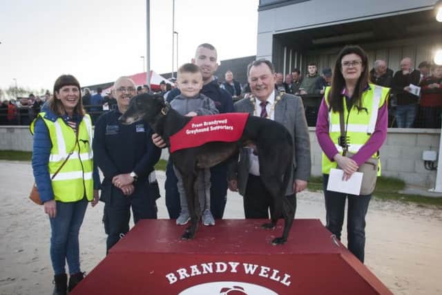 NEW BRANDYWELL DOG TRACK. . . . . .The Mayor, Councillor Maoliosa McHugh pictured at the Brandywell Dog Track on Thursday night. Ampong those included in picture is Stephanie English, Stephen Radcliffe with Speedie Joe,  Shane McColgan (2) and Lynda Bonner. (Photos: Jim McCafferty Photography)