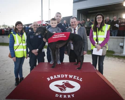 NEW BRANDYWELL DOG TRACK. . . . . .The Mayor, Councillor Maoliosa McHugh pictured at the Brandywell Dog Track on Thursday night. Ampong those included in picture is Stephanie English, Stephen Radcliffe with Speedie Joe,  Shane McColgan (2) and Lynda Bonner. (Photos: Jim McCafferty Photography)