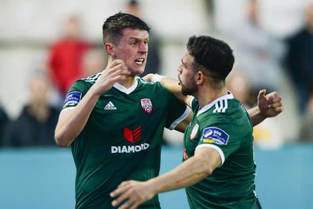 Eoin Toal celebrates Derry City's second goal and his first for the Candy Stripes to make it 2-2 on the night at Oriel Park.