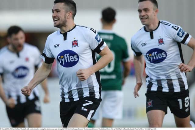 Former City winger, Michael Duffy celebrates as he puts Dundalk back in front at 2-1 just before the half-time interval.
