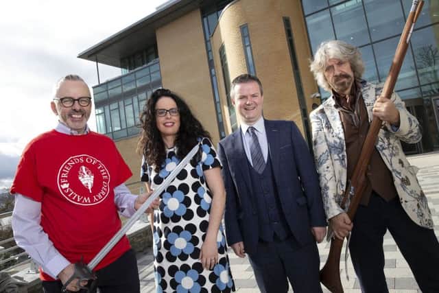 Niall McCaughan (Chair of Friends of the Derry Walls), Edel Griffin, Ulster University, Dr Malachy " Néill, Provost, Magee campus and Mark Wallis, Past Pleasure historical interpretation company.