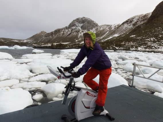 Lucy Quinn preparing for the 66 mile cycling challenge on the tiny Antartic island Bird Island
