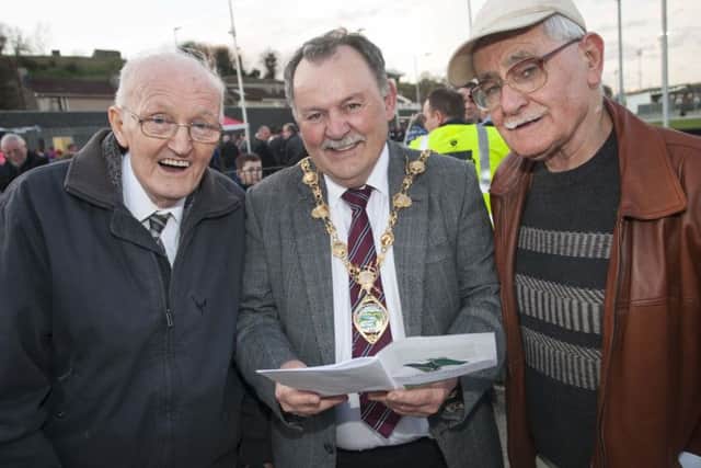 The Mayor, Councillor Maoliosa McHugh studying the form with some of the Brandywell Dogs Ã¢Â¬ÃœOld TimersÃ¢Â¬" Leo Gallagher (89) and John Gallagher (78), 135 years combined of attending the Brandywell.