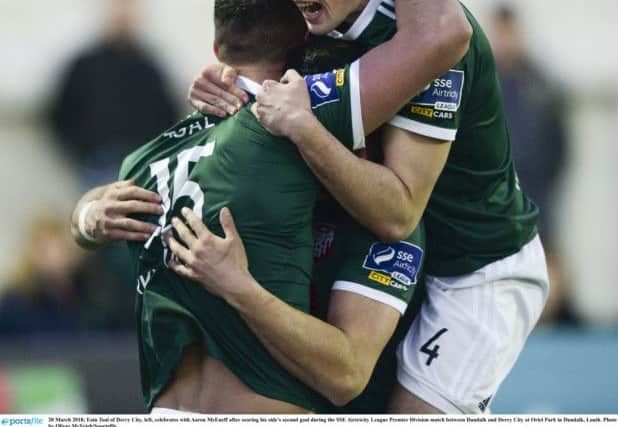 Eoin Toal of Derry City, left, celebrates with Aaron McEneff after scoring his side's second goal