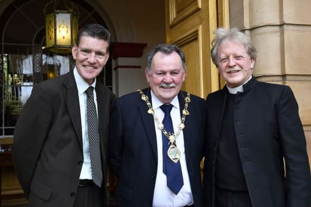 Rev Dr. David Latimer pictured with the Mayor, Councillor Maoliosa McHugh, and Deputy Mayor, Councillor John Boyle, after the service in First Derry Presbyterian Church on Sunday morning. DER1718-115KM
