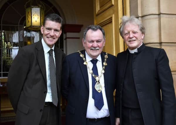 Rev Dr. David Latimer pictured with the Mayor, Councillor Maoliosa McHugh, and Deputy Mayor, Councillor John Boyle, after the service in First Derry Presbyterian Church on Sunday morning. DER1718-115KM