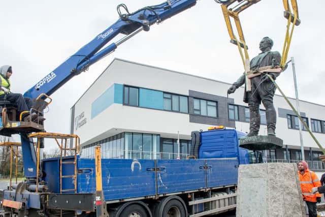 The statue of Lord John Lawrence is lowered onto the plinth outside the new Foyle College site on the Limavady Road, Derry. The statue of former Foyle College pupil Lord John Lawrence who was a pupil of the school between 1823 - 27 and later became Viceroy of India between 1864-69 has reached his final place outside the new Foyle College on the Limavady Road in Derry. The statue was commissioned in London in 1881and erected near the Mall. It was donated to India for Queen Victoriaâ¬"s jubilee and erected in front of Government Buildings in Lahore 1887 and later torn down and damaged during the Indian Mutiny. The statue was discovered by former Old Boy and returned to the London foundry where the damage was repaired. Shipped to Derry and erected at Foyle College At Lawerence Hill 1963 before being transferred to the then new school at Springtown 1967, he was then relocated from the site after 50 years in 2017 and transferred to the new Foyle College site across the River Foyle on the Limavady Road.