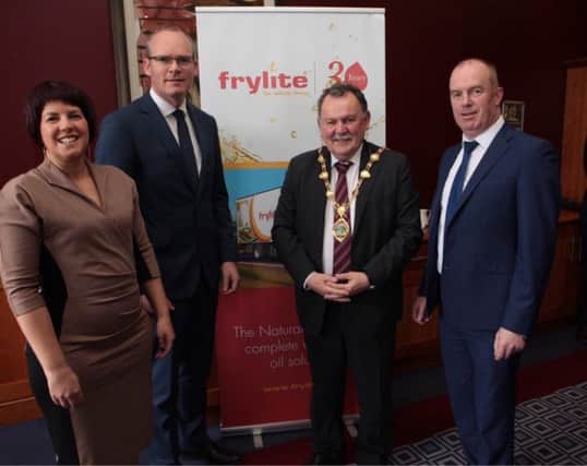 Derry Chamber of Commerce President Jennifer McKeever pictured with TÃ¡naiste Simon Coveney, Mayor of Derry Maoliosa McHugh and Martin Gormley from event sponsors Frylite pictured at the Annual Presidents Lunch in Derrys City Hotel. Pic by Tom Heaney,  NWpresspics