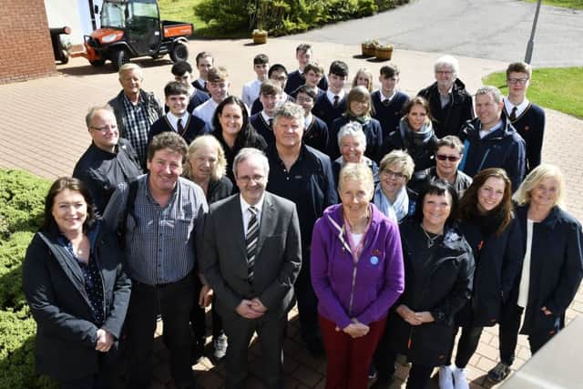 Representatives from the 175,000 strong Teachers Union of Norway pictured during their fact finding visit to Oakgrove Integrated College on Wednesday afternoon. Included are students from the school and front row, from left, Ina Enoksen, leader of the delegation, Eddie Whyte, Fagforbundet Teachers Union, who helped to organise the trip, John Harkin, Vice-Principal, Oakgrove Integrated College, and Daisy Mules, Irish National Teachers' Organisation, facilitators of the visit. DER1718-145KM