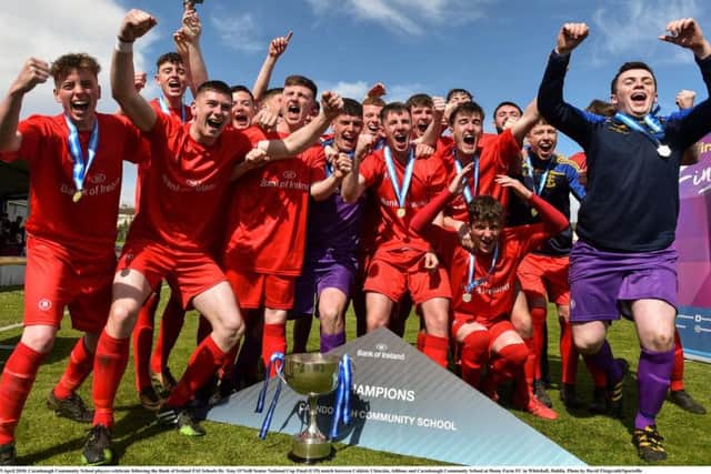 Carndonagh Community School celebrate after being crowned Bank of Ireland FAI Schools Dr. Tony ONeill Senior Cup champions.