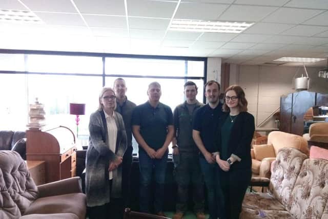 Left to right: Margaret OKane Mentoring Officer, Active Inclusion, Emmett McLaughlin, Electrical Tutor, 4Rs, Stephen Lynch, Woodwork Tutor, 4Rs, Joe Brolly, Manager, Daneil Donehrty, Placement Officer, Active Inclusion, and Collete Coyle, Active Inclusion Project Manager.