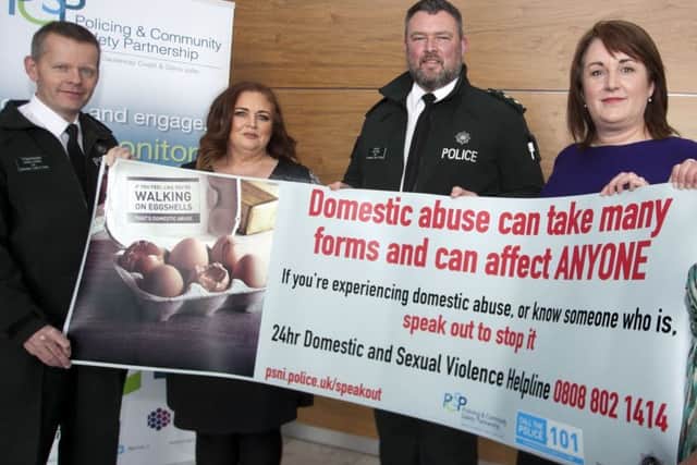 Inspector Bjorn OBrien, PCSP Vice-Chairperson Ashleen Schenning, PSNI domestic violence lead for Causeway Coast and Glens Colin Shaw, Sharon Burnett, Causeway Women's Aid Chief Executive and PCSP Officer Melissa Lemon pictured at the launch of a new support initiative for victims of domestic abuse funded by Causeway Coast and Glens Policing and Community Safety Partnership.
