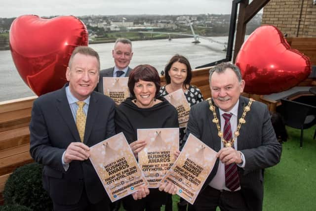 The Mayor Councillor Councillor MaolÃ­osa McHugh pictured with Jennifer McKeever, President of Londonderry Chamber of Commerce and Jim Roddy, Chief Executive, City Centre Initiative and CCI Chairman Hugh Hegarty, and Chamber Chief Executive, Sinead McLaughlin at the launch of the annual North West Business Awards which are taking place on Friday the 1st of June 2018 in teh City Hotel. Picture Martin McKeown. Inpresspics.com. 14.02.18