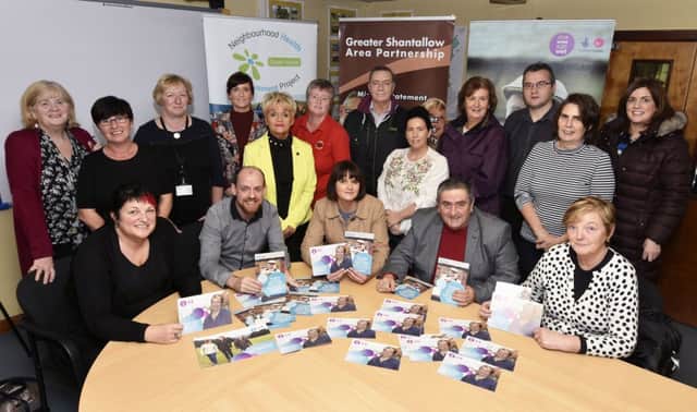 Drink Wise Age Well campaign worker Adrian Loughrey, seated second from left, pictured with representatives from various groups who supported the launch of  Drink Wise Age Well Campaign in the Greater Shantallow area in the Greater Shantallow Area Partnership offices during the winter. Included are, seated from left, Lorraine McWilliams, Greater Shantallow Area Partnership, Councillor Caoimhe McKnight, Peter McDonald, Leafair Community Association, and Mary Casey, Culmore Community Partnership. DER4317-119KM