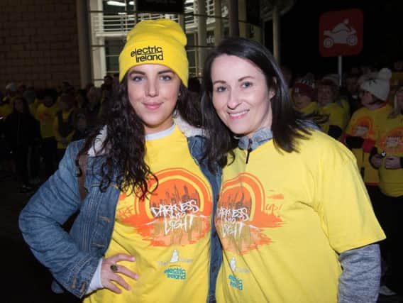 Derry Girls actress Jamie-Lee O'Donnell with Edel O'Donnell, organiser, who took part in the Darkness Into Light walk at dawn in Derry to awareness of suicide prevention, suicide bereavement and self-harm.