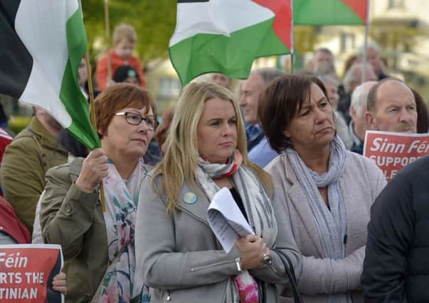 A section of the large attendance at a solidarity rally, in support of Palestinians and protesting against recent Israeli killing in Gaza, held at Free Derry Wall on Tuesday evening last. The rally was organized by the Derry Ireland Palestine Campaign.  DER2018GS043