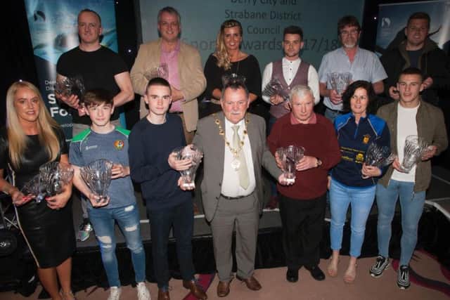 Mayor of Derry City and Strabane District Council, Councillor Maoliosa McHugh pictured with individual award winners at the DCSDC Annual Sports Awards held in the City Hotel on Wednesday night last.