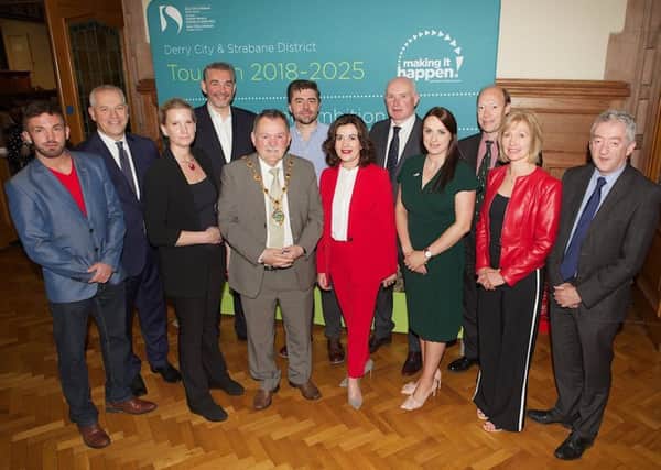 Mayor of Derry and Strabane, Councillor MaolÃ­osa McHugh, pictured with guest speaker at the DCSDC Tourism Strategy 2018-25 launch held in the Guildhall. From left, are Matthew Scott, Navada Group, John Kelpie, chief executive, DCSDC, Kate Taylor, Taylored Training, Dr. Peter Boland, Ulster University, Simon Nash, Hugo & Cat, Joan Crawford, Failte Ireland, John Farren, Ballyliffin Golf Club, Leanne Rice, Tourism NI, Edward Montgomery, The Honourable the Irish Society, Judith Webb, Tourism NI, and John McGrillen, chief executive, Tourism NI. (Photo - Tom Heaney, nwpresspics)