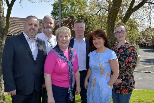 Michael McCafferty, People Plus NI, Cahir Murray, DADS Project, Marie Dunne, Western Trust, Ciaran McCoy, People Plus NI, Margaret Cunningham, Habinteg and Michelle McLaren, Pink Ladies, pictured at the recent breakfast relaunch of the Mens Mental Health Project at Habinteg Hazelbank Community Centre. DER2018GS055