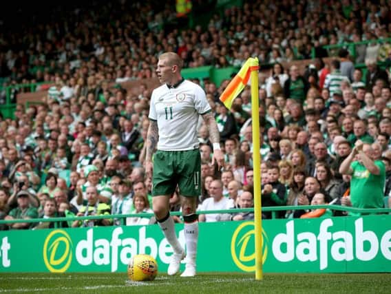 Ireland's James McClean prepares to take a corner kick in front of the Celtic fans during Scott Brown's testimonial match on Sunday.