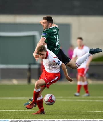Nathan Boyle in action against James Woods of Shelbourne during the EA Sports Cup quarter-Final win at Brandywell which could prove to be his last game for the club.