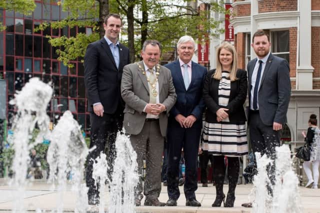 Mayor of Derry and Strabane Council, MaolÃ­osa McHugh, pictured with Northern Ireland Water's Len O'Hagan and Sara Venning and MLAs Mark H.Durkan and Gary Middleton during their recent visit to Derry.
