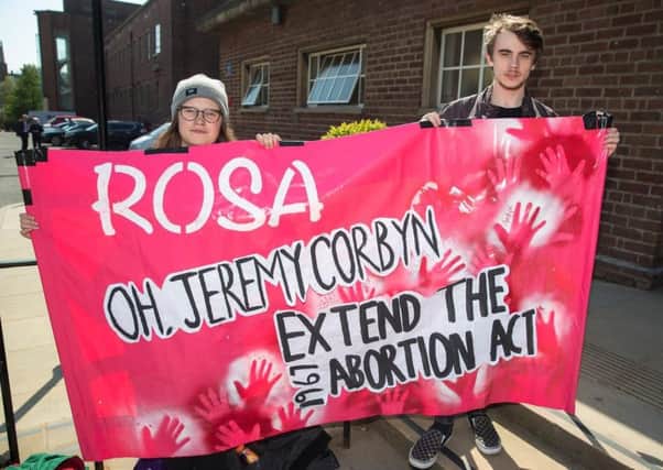 ROSA NI campaigners in Belfast recently as Labour leader Jeremy Corbyn made his first visit to Northern Ireland as party leader.