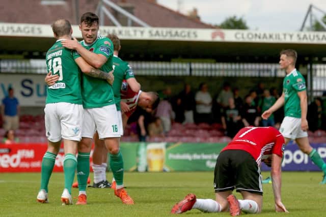 Corks Karl Sheppard and Josh OHanlon celebrate at the final whistle
 after Monday's 4-2 win over Derry City