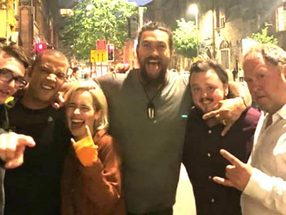 Hollywood actor, Jason Momoa (centre), pictured with his former Game of Thrones stars during a recent night out in Belfast city centre. Pictured from left, Isaac Hempstead Wright (Bran Stark), Jacob Anderson (Grey Worm), Emilia Clarke (Daenerys Targaryen), Jason Momoa (Khal Drogo), John Bradley (Samwell Tarly) and Mark Addy (Robert Baratheon). (Photo: Jason Momoa/Instagram)