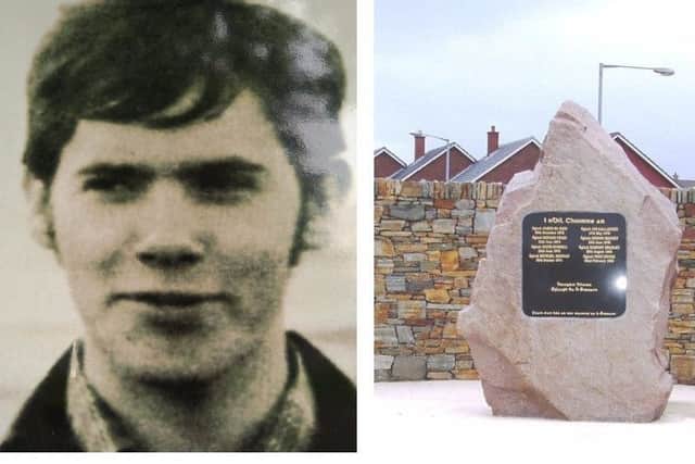 Dennis Heaney who was shot dead on June 10, 1978, and (right) the Republic Monument in Shantallow.