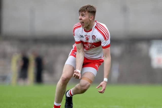 Oisin McWilliams celebrates a score during Sunday's Ulster Under 20 Championship semi-final victory over Down.