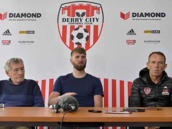 Denis Bradley, Derry City director, Paddy McCourt, Youth Development Officer, and Kenny Shiels, manager, pictured at Monday afternoons press conference at Brandywell Stadium.  DER2418GS029