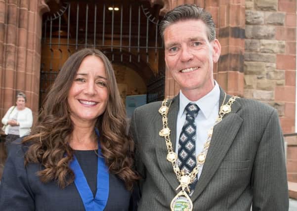 Councillor John Boyle, SDLP, who has been elected as the new Mayor of Derry City and Strabane District Council with his partner Angela. Picture Martin McKeown. Inpresspics.com. 04.06.18