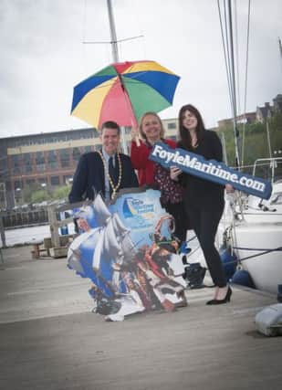 The Deputy Mayor of Derry City and Strabane District Council, John Boyle pictured at the launch of the Foyle Maritime Festival 2018 at quayside on Thursday afternoon with Geraldine McFadden, Maritime Festival Press Officer and Anne-Marie Gray, Marketing Officer, DCSDC. This years event will run from July 14-22.