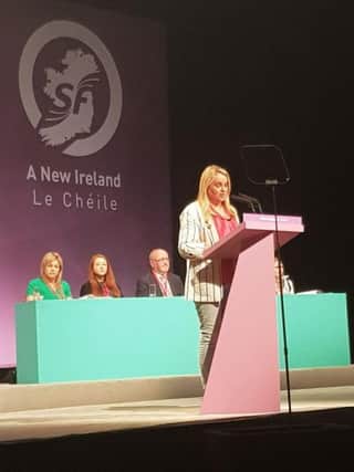 Sinn Fein Council Group Leader Sandra Duffy speaking on the City Deal at the Sinn Fein Ard Fheis in Belfast.